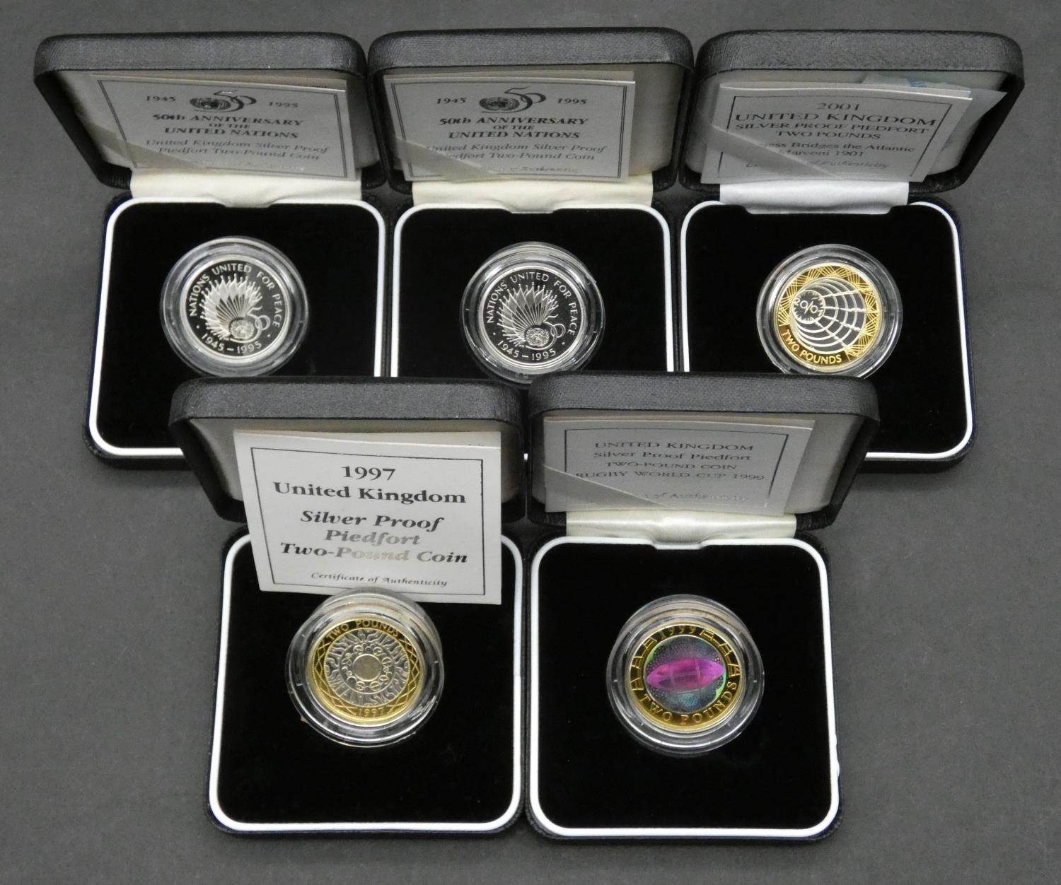 Five Royal Mint two pound Piedfort silver proof two pound coins. Including two piedfort silver proof