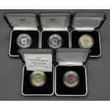 Five Royal Mint two pound Piedfort silver proof two pound coins. Including two piedfort silver proof