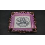 An antique pink Sunderland lustre ceramic plaque with galleon and 'May Peace & Plenty on our