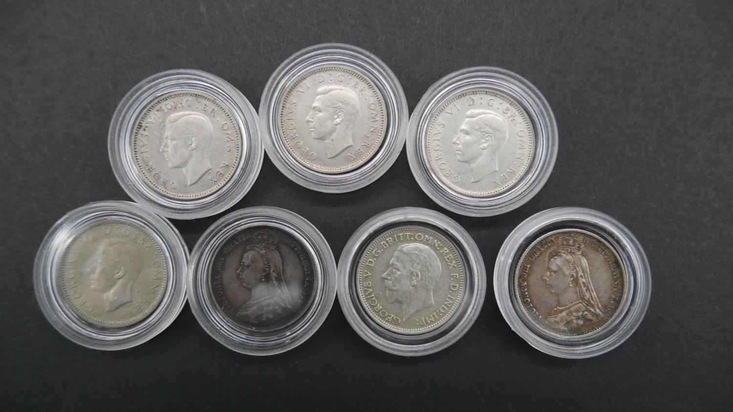 Ten silver coins in capsules. Including 1906 and 19012 silver one shilling coins, seven silver - Image 5 of 5