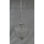 A vintage style chrome mesh globular form ceiling light chandelier with glass drops. H.40cm (