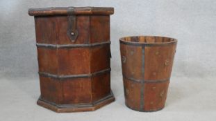 An Indian teak metal bound hexagonal lidded box and a similar coopered bucket. H.46.5 L.39 W.39cm (