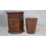 An Indian teak metal bound hexagonal lidded box and a similar coopered bucket. H.46.5 L.39 W.39cm (