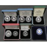 Six sets of Royal Mint silver proof coins. Including two cased sets of piedfort silver proof cased