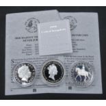 Three silver proof coins. Including a 1997 Silver Britannia Proof coin with COA, 1977 Silver Proof