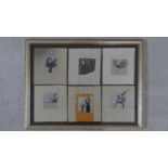 A framed and glazed ink on tissue paper with six surrealist figures. Unsigned. H.38.5 W.50.5cm