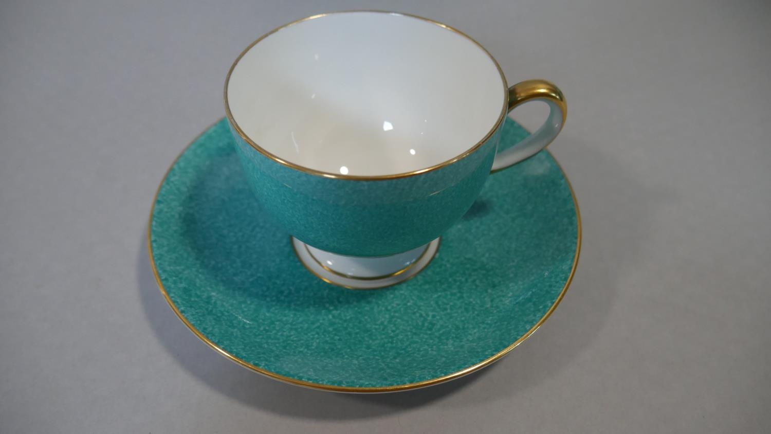 A part six person Wedgwood tea service. The set has a dappled turquoise and gilt design. Makers - Image 4 of 6