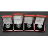 Four one pound silver proof Piedfort pound coins. All in red leather presentation cases with COA'