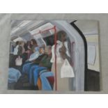 An unframed acrylic on canvas, travellers on the London Underground, unsigned. H.75 W.95cm