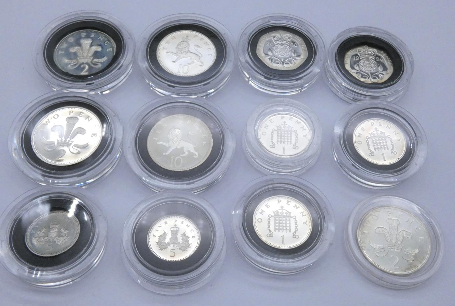 Twelve silver proof coins in capsules including three two pence coins, three one pence coins, two - Image 2 of 2