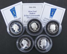 Five Royal Mint silver proof fifty pence coins. Including a 1998 National Health Service NHS
