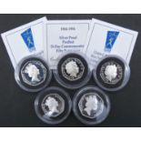 Five Royal Mint silver proof fifty pence coins. Including a 1998 National Health Service NHS