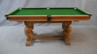 A mid century light oak framed half size snooker table converting to dining table with maker's