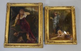 A pair of late 19th century pre Raphaelite style gilt framed hand coloured reverse prints on