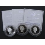 Three silver proof coins. A 1996 Royal Mint silver proof Piedfort "A Celebration of Football" two