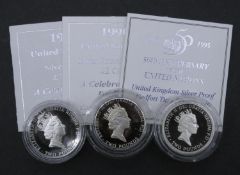 Three silver proof coins. A 1996 Royal Mint silver proof Piedfort "A Celebration of Football" two