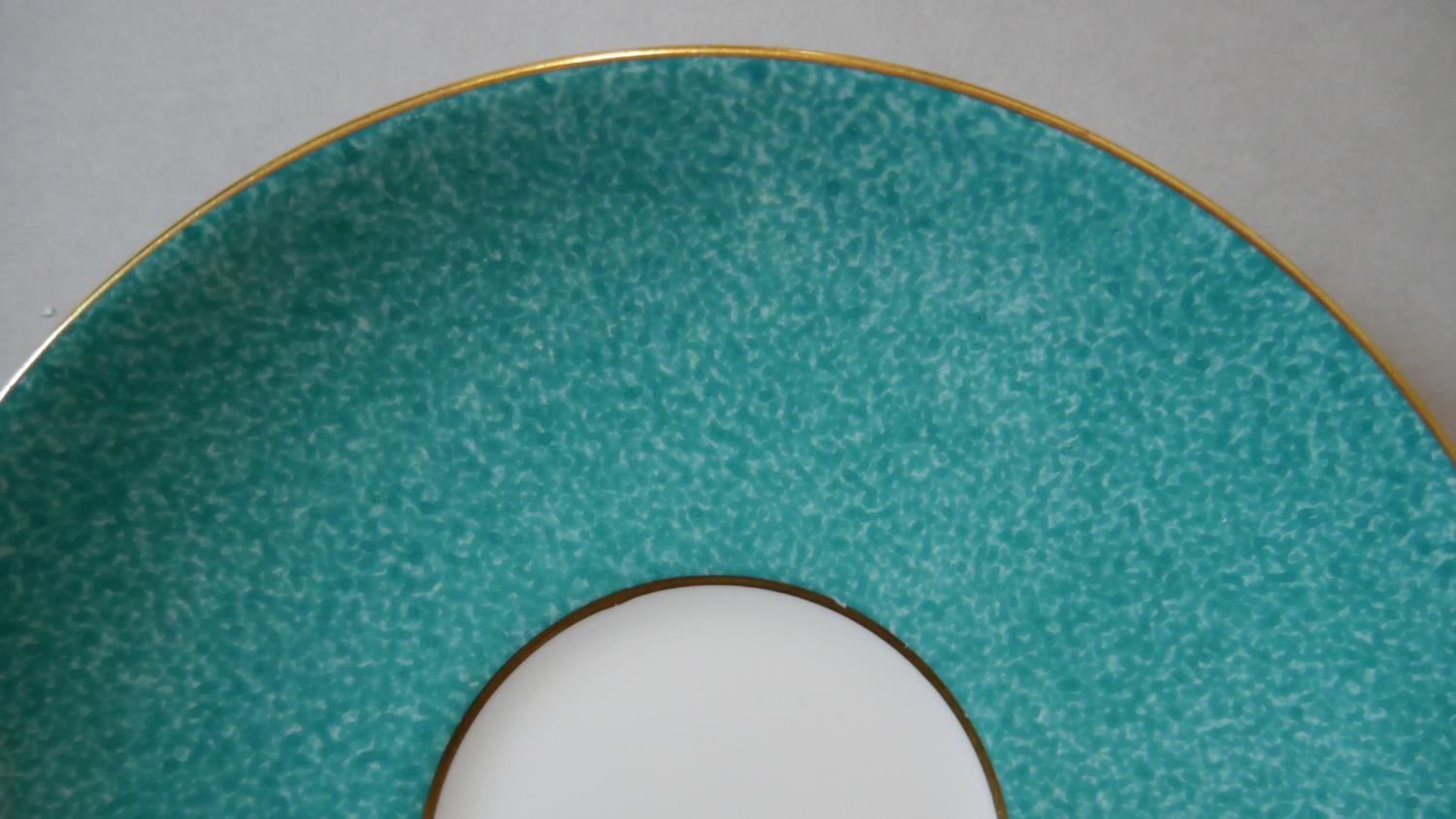 A part six person Wedgwood tea service. The set has a dappled turquoise and gilt design. Makers - Image 5 of 6