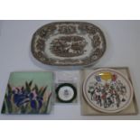 A collection of ceramics and metalware. Including an enamel on copper square dish with iris flower