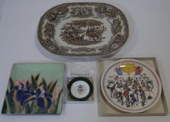 A collection of ceramics and metalware. Including an enamel on copper square dish with iris flower