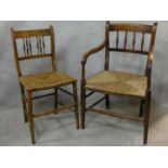 A 19th century elm country armchair with rush seat on faux bamboo supports and a similar side