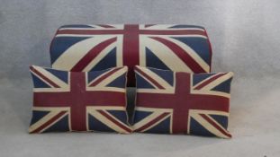 A contemporary footstool in Union Jack upholstery along with two similar cushions. H.34 L.70 W.