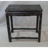 A 19th century Chinese lacquered occasional table with painted still life to the top on square