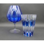 A mid century Val St Lambert blue cut to clear glass crystal vase along with a blown Bristol blue