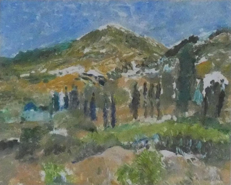 A mono print by Joy Paul, Hills of Patmos, signed, framed and glazed. H.54 W.64cm