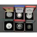 Six Royal Mint silver proof coins. Including a cased 1999 Britannia one ounce fine silver proof