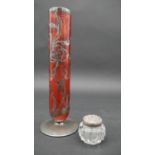 An Art Nouveau cranberry glass flower vase both top and bottom are edged in sterling silver and