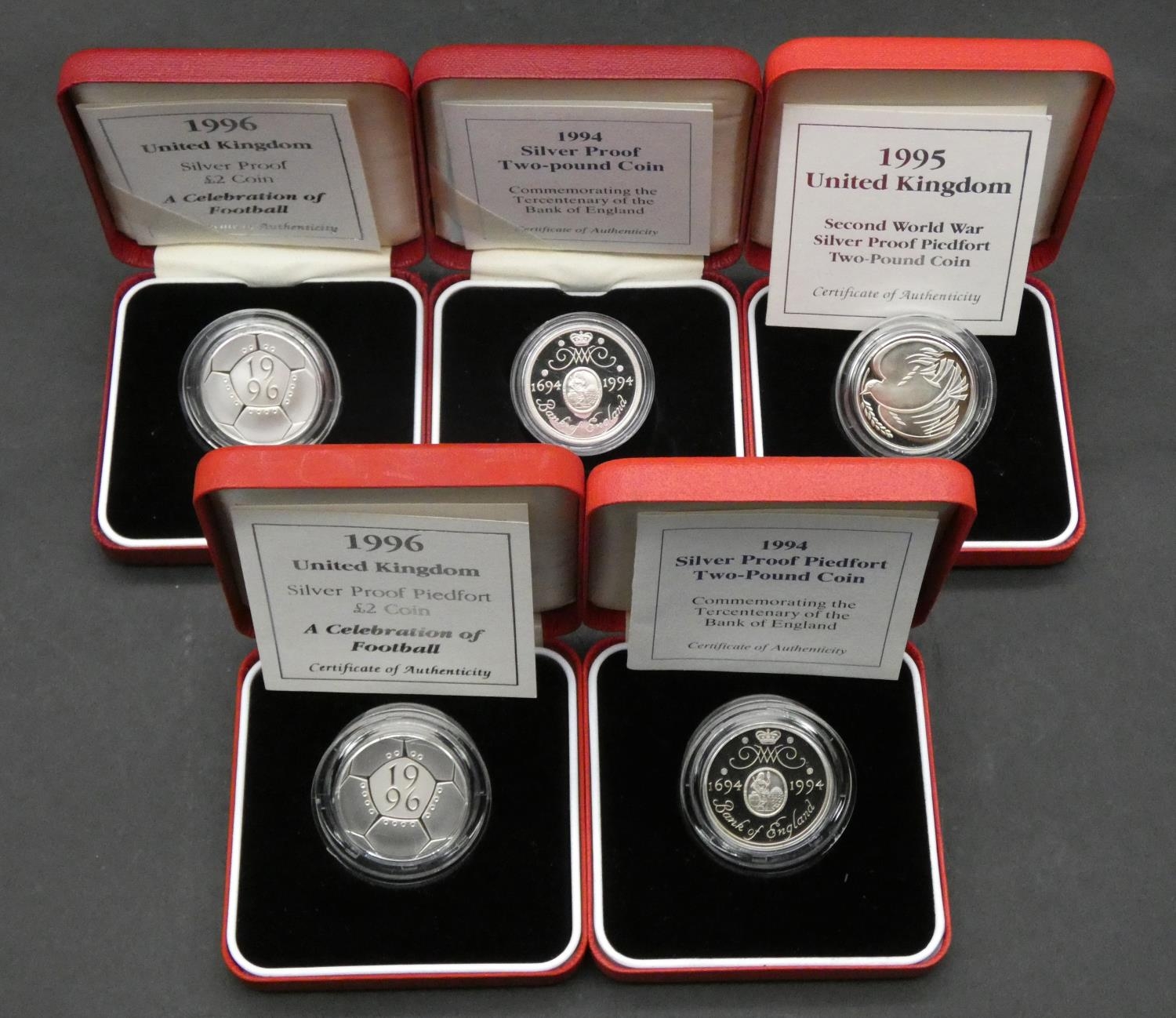 Five Royal Mint two pound silver proof coins. Including a cased Royal Mint 1994 silver proof