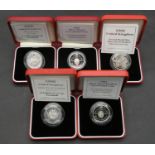 Five Royal Mint two pound silver proof coins. Including a cased Royal Mint 1994 silver proof