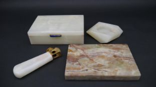An alabaster lidded cigar box with Lapis Lazuli catch along with an alabaster and gilt metal cigar
