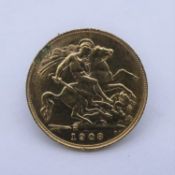 An Edward VII 22 carat gold half sovereign coin, 1908, with B.P. in exergue. Weight 3.9g From a
