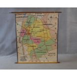 A vintage coloured teaching map of Belgium's transport routes printed on linen, publised by