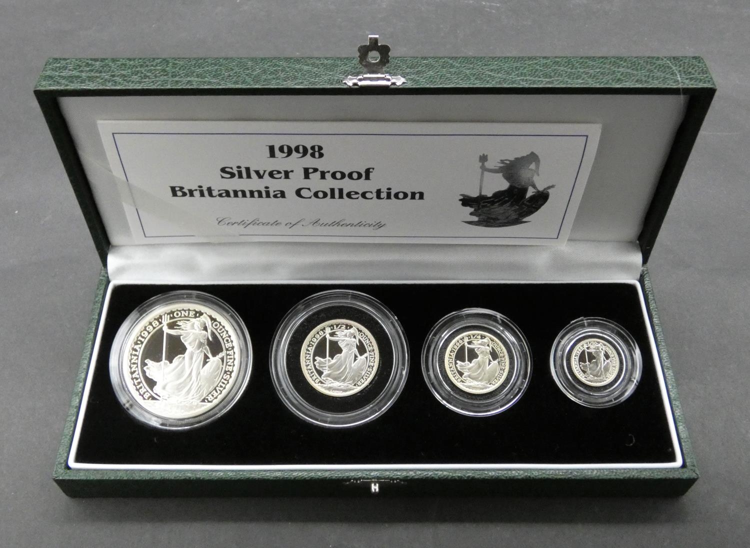 A Royal Mint 1998 silver proof four coin Britannia Collection, in green leather presentation case