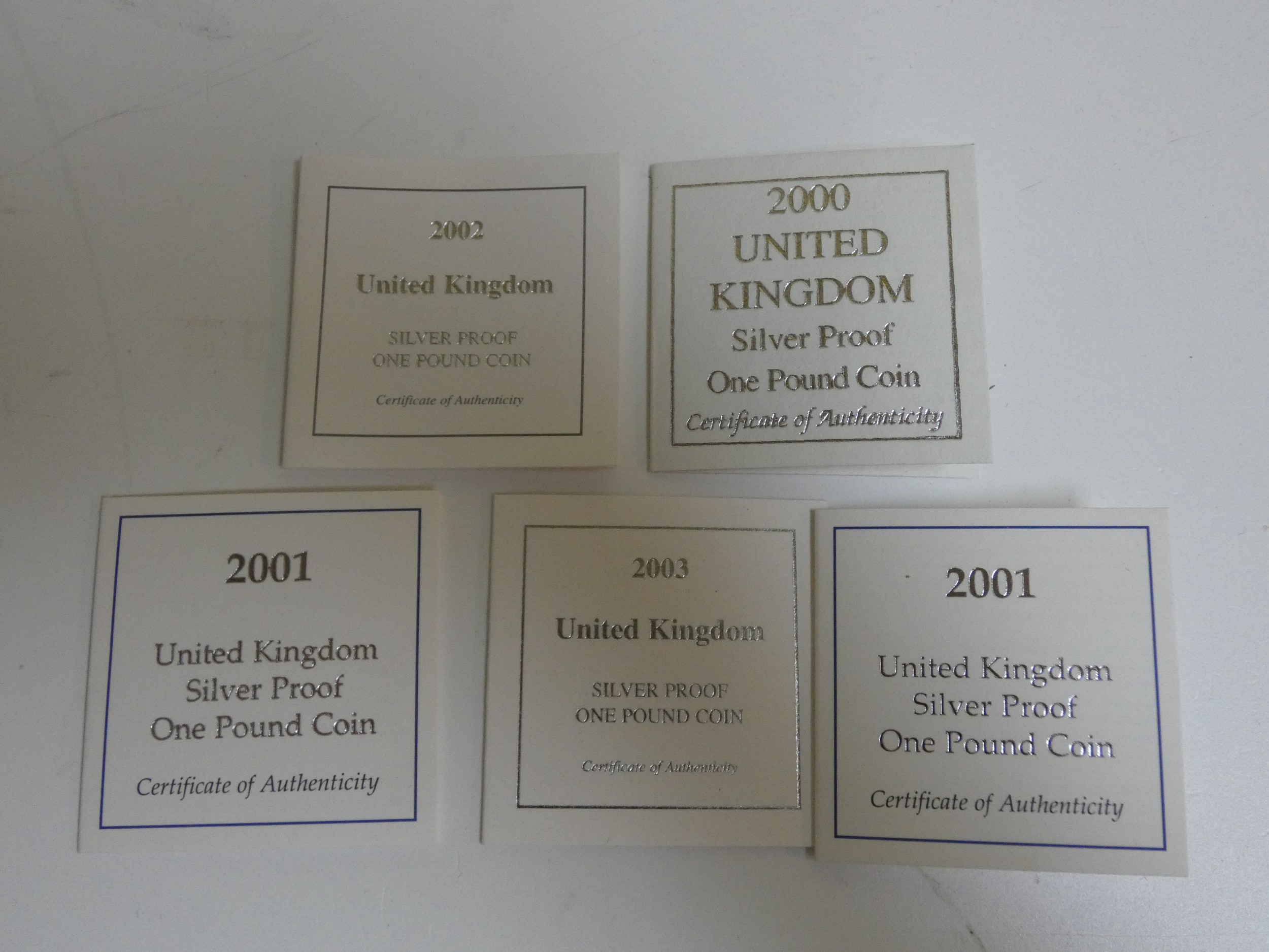 Five Royal Mint one pound silver proof coins. All in pale blue presentation cases with COA's. - Image 2 of 2