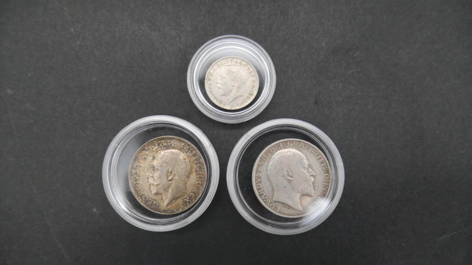 Ten silver coins in capsules. Including 1906 and 19012 silver one shilling coins, seven silver - Image 3 of 5