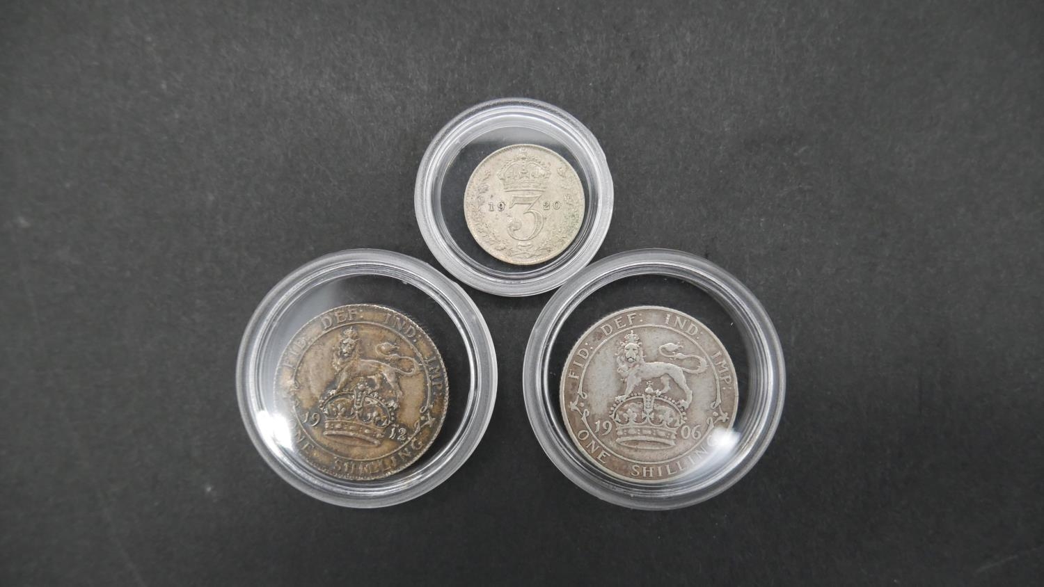 Ten silver coins in capsules. Including 1906 and 19012 silver one shilling coins, seven silver - Image 2 of 5