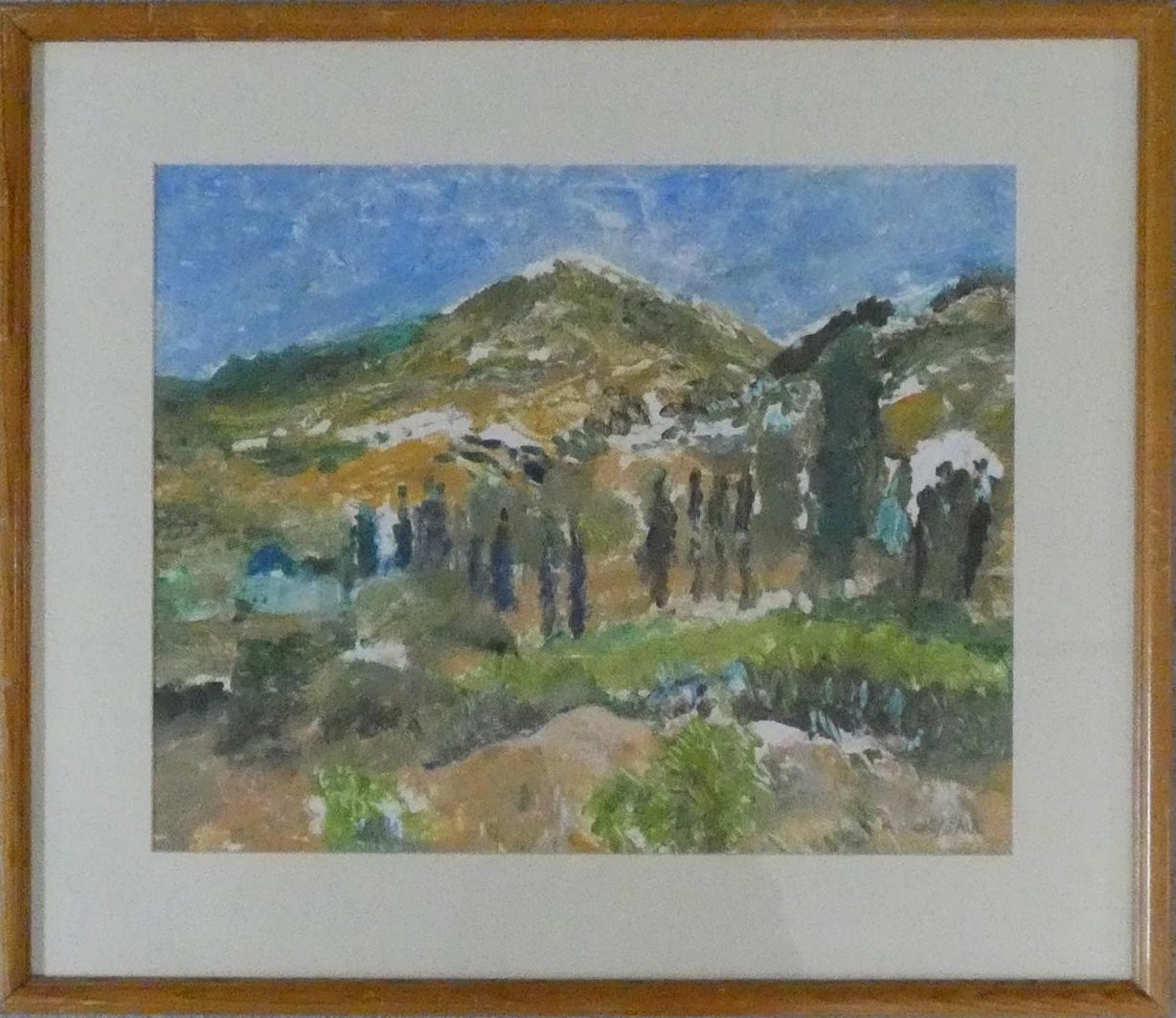 A mono print by Joy Paul, Hills of Patmos, signed, framed and glazed. H.54 W.64cm - Image 2 of 5