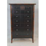 A Chinese black lacquered tall chest with faux bamboo style frame and swept supports. H.123.5 W.79