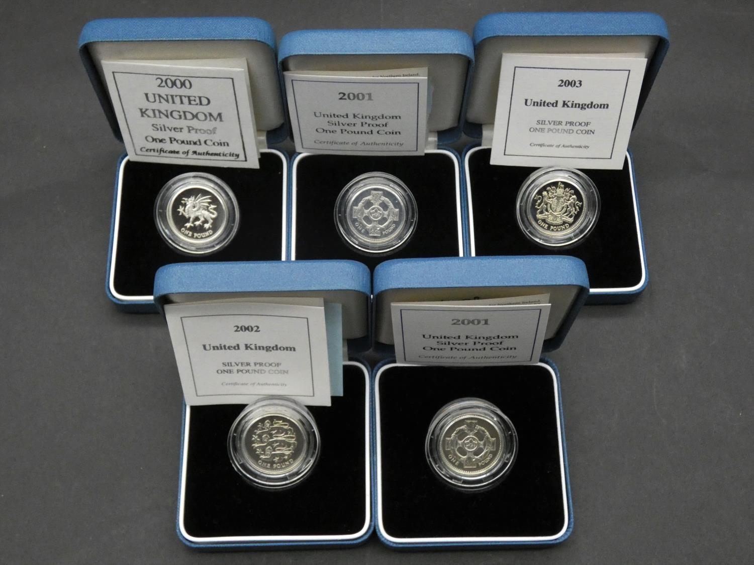 Five Royal Mint one pound silver proof coins. All in pale blue presentation cases with COA's.