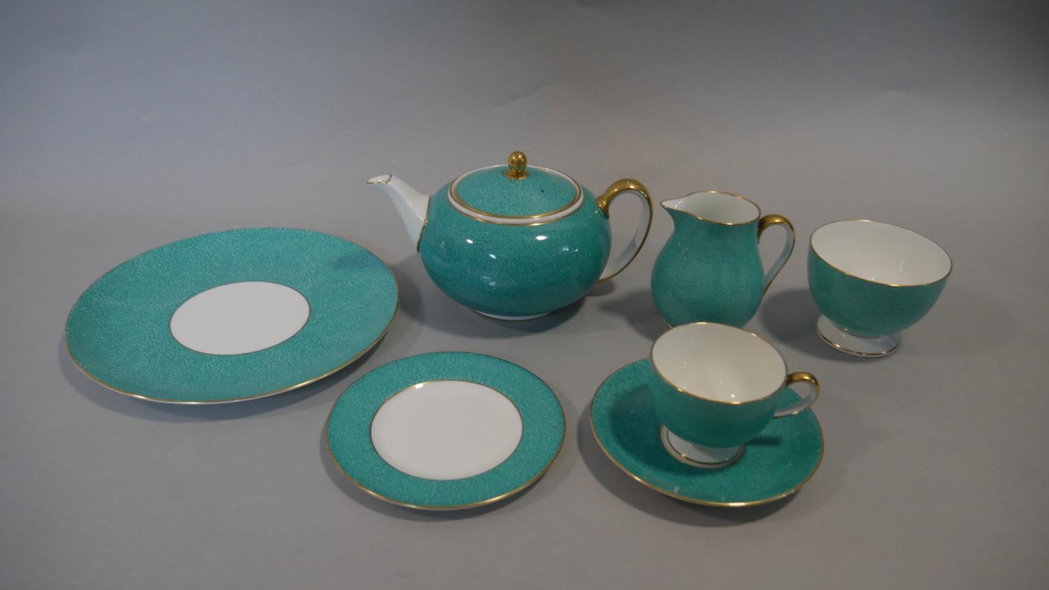 A part six person Wedgwood tea service. The set has a dappled turquoise and gilt design. Makers - Image 2 of 6