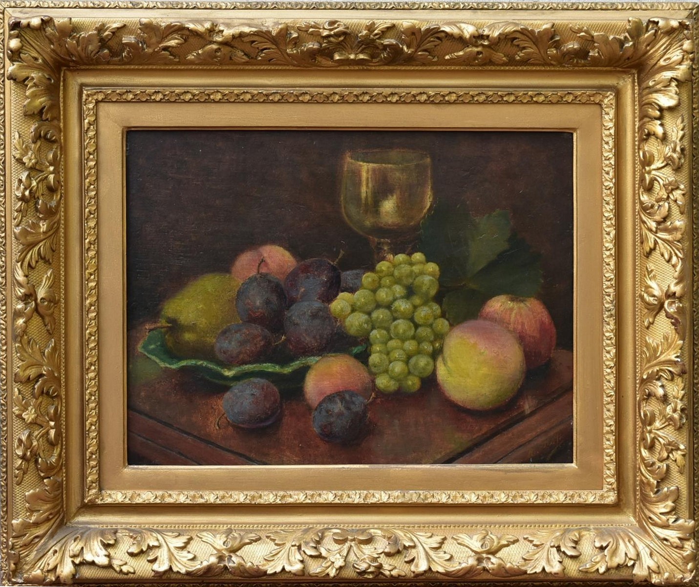 A 19th century gilt framed oil on panel, Continental style still life, indistinctly signed. H.46 W. - Image 2 of 5