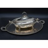 A large twin handles silver plated tray and a serving tureen with hotplate and cover. L.60cm (tray)