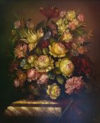 A gilt framed oil on panel, still life flowers on a marble pedestal in the Dutch style, indistinctly