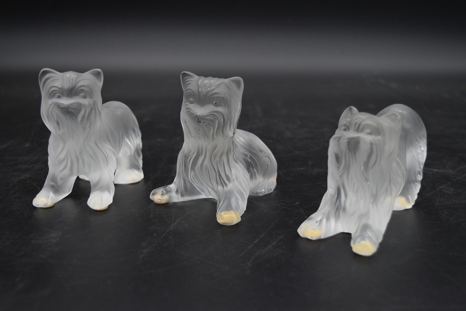 Three Lalique frosted glass figures of Yorkshire Terrier dogs, one standing, one sitting and one