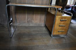 After Marcel Breuer, a B91 type pedestal desk in walnut and burr walnut with inset glass top with