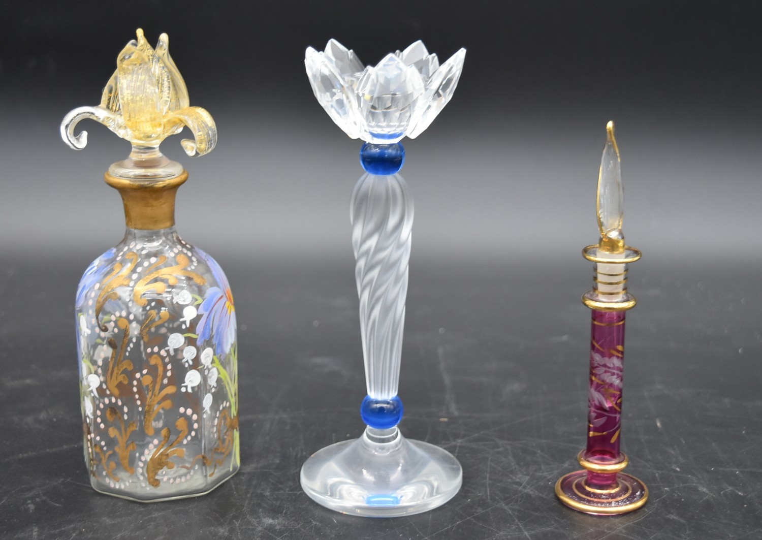 A collection of eight glass perfume bottles, hand painted and silver mounted, various hallmarks, H. - Image 2 of 14