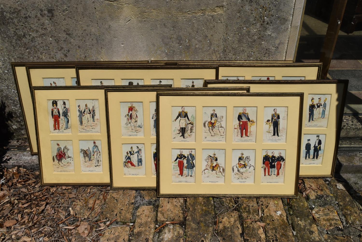 A set of ten glazed prints, various 19th century military officers each with eight sets of figures